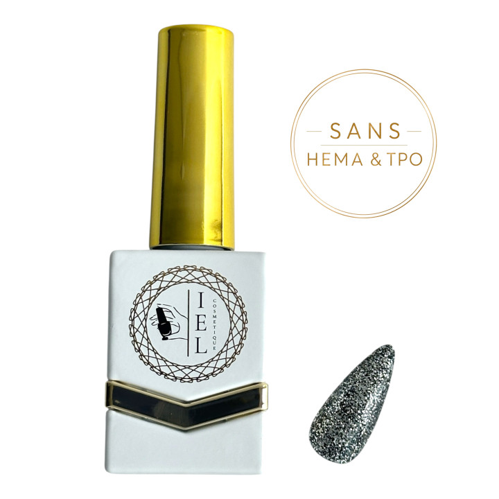 Glitter Moonlight Black – Vernis Semi-Permanent Noir Pailleté Argenté 10 ml | Sans HEMA & TPO | IEL Cosmetique
